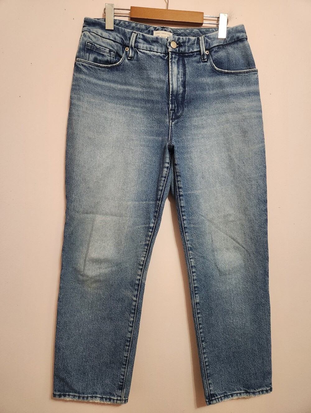 Good American Good Icon Crop Jeans 29 High Rise Distressed Hem Light Wash Denim